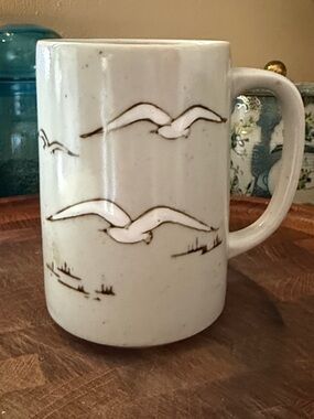Vintage Otagiri style Japanese stoneware pottery, coffee cup mug seagulls